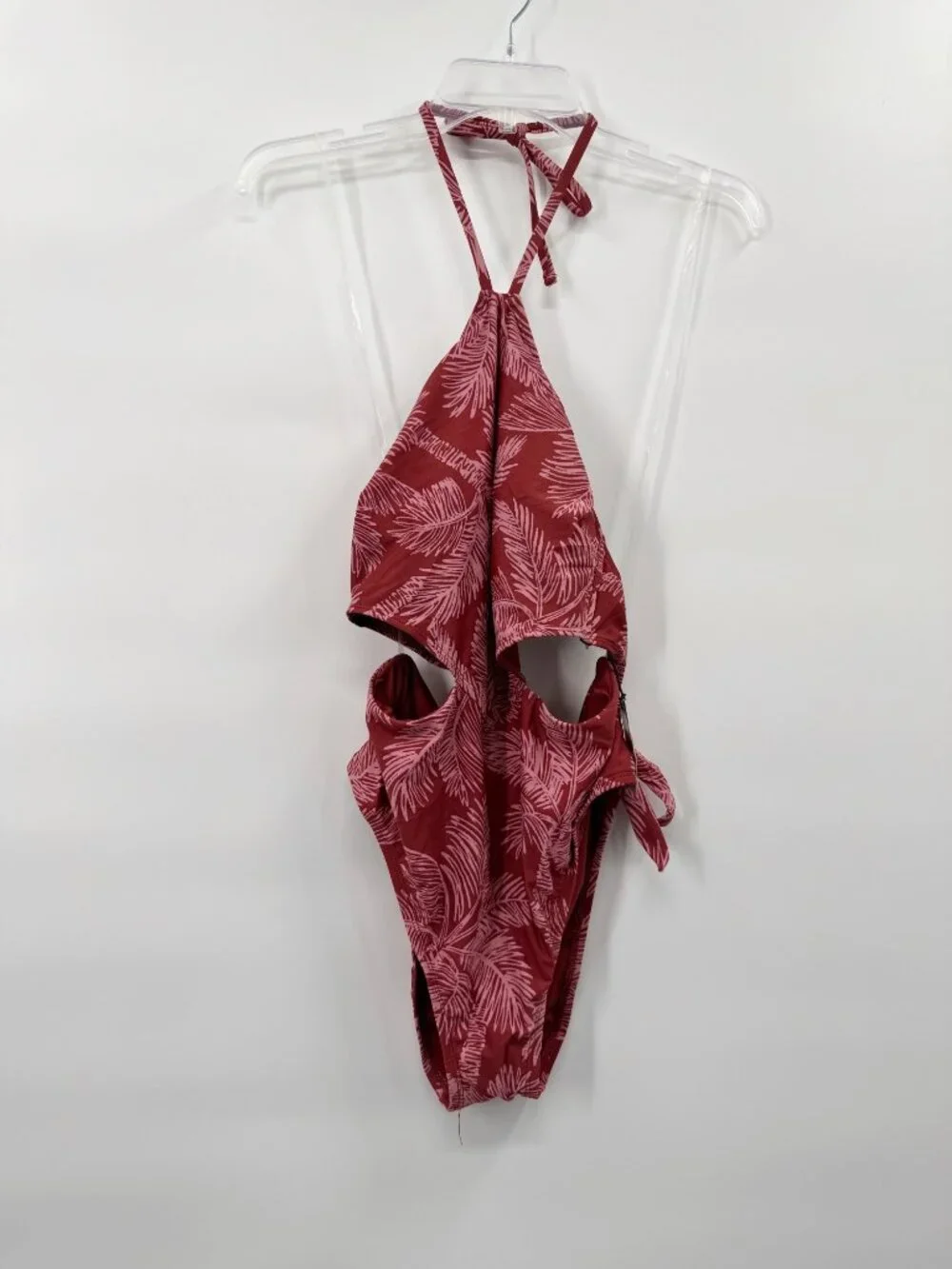 NEW Shade & Shore Cut Out Halter One Piece Swimsuit - Rust Palm Print - Size L